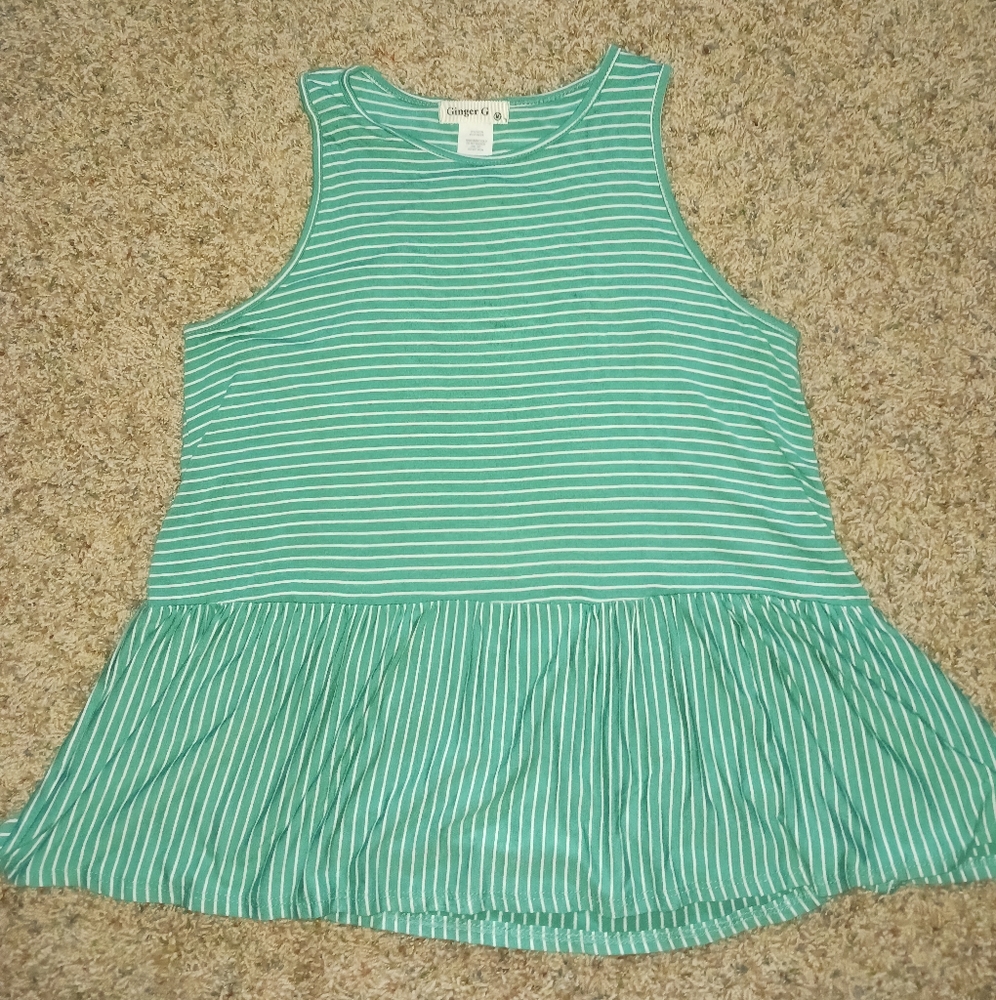 Ginger G, Women's Peplum Tank, Green & White Striped, Size M